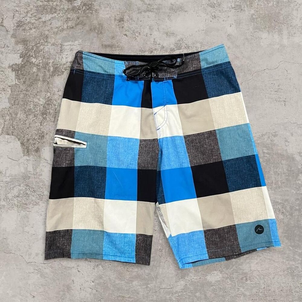 Blue and gray checkered board shorts Y2K summer beachy coastal swim trunks